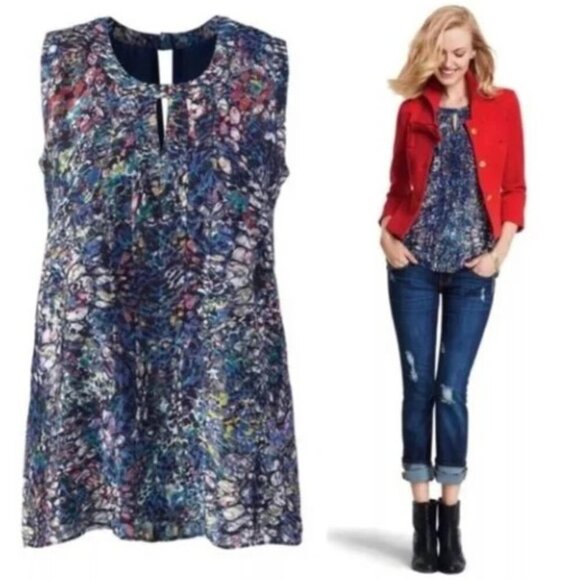 CAbi #3093 Stained Glass Keyhole Sleeveless Blouse Blue Floral | Size XL - Picture 2 of 13